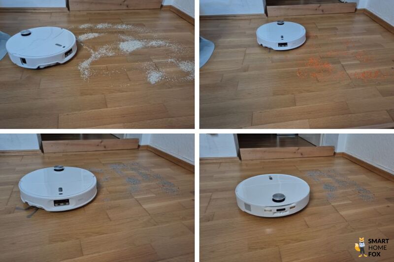 Der Roborock Qrevo Curv 2 Pro entfernt Linsen, Sand und Haferflocken vom Hartboden im Testareal bei Smart-Home-Fox.